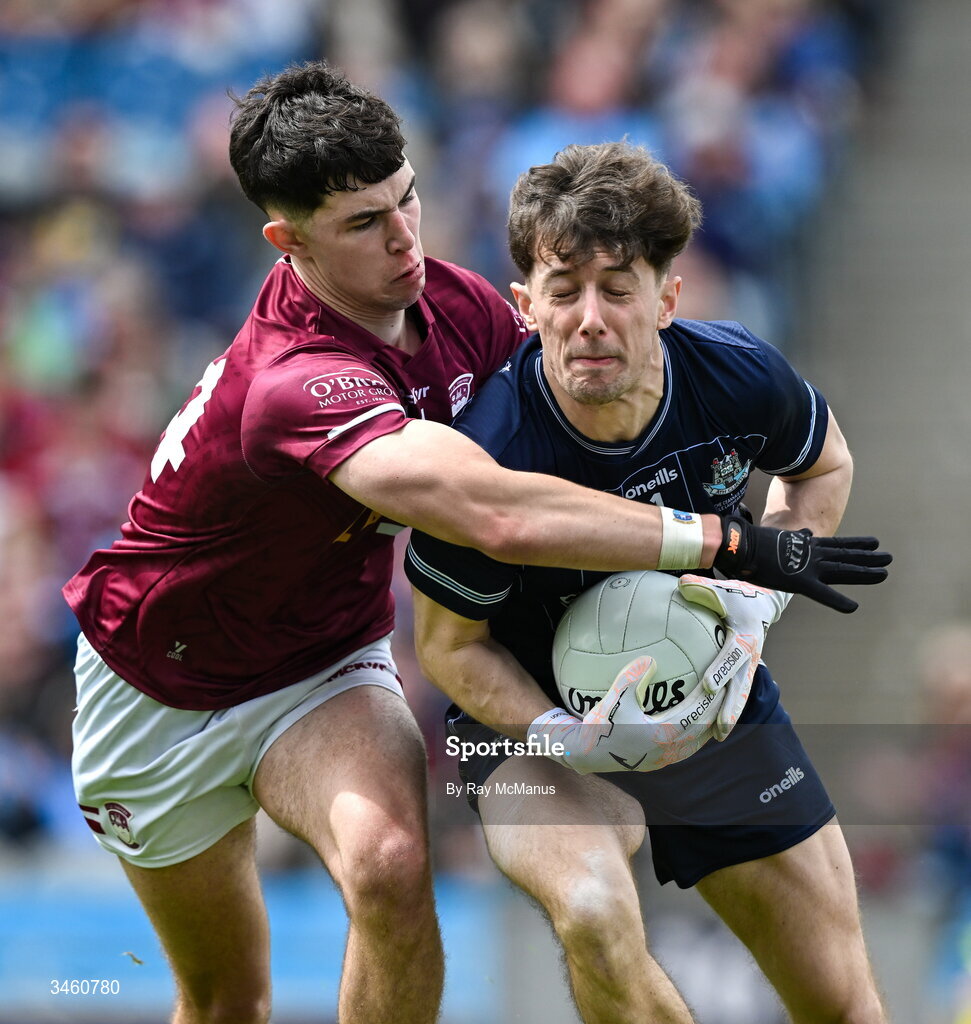 17 May 2026; Dublin goalkeeper Evan Comerford prepares to clear under pressure from Jack Duncan of Westmeath during the Leinster GAA Football Senior Championship final match between Dublin and Westmeath at Croke Park in Dublin. Photo by Ray McManus/Sportsfile