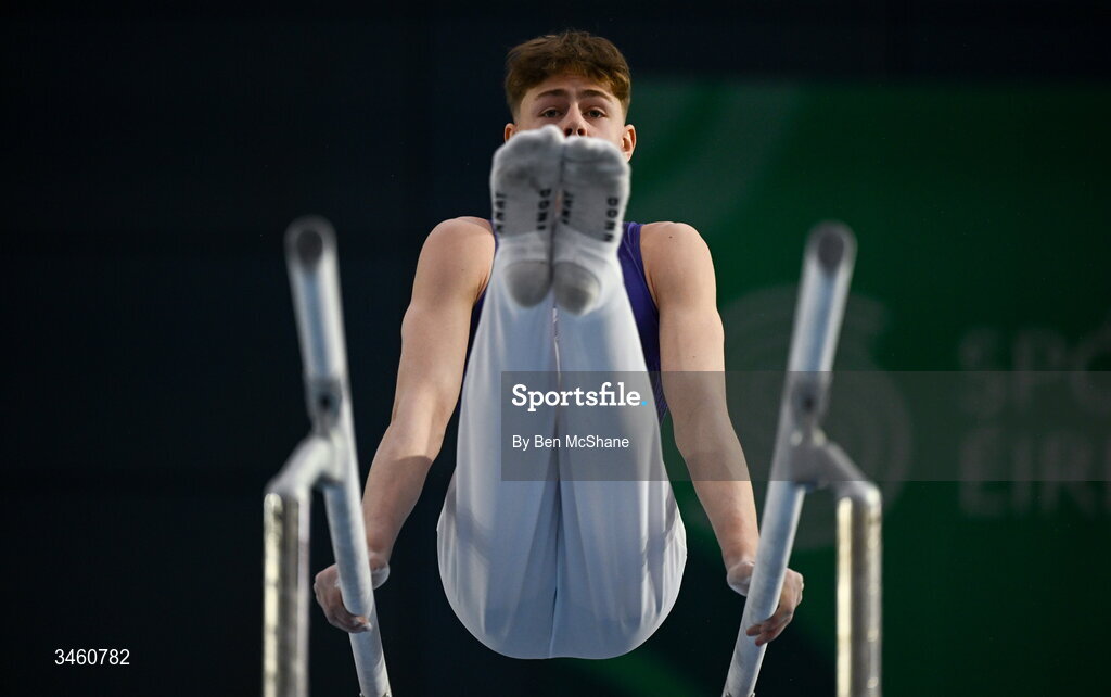 17 May 2026; Misha Tinhev of Excel GC competes in the Parallel Bars during the Gymnastics Ireland National Series Sport Ireland National Indoor Arena on the Sport Ireland Campus in Dublin. Photo by Ben McShane/Sportsfile