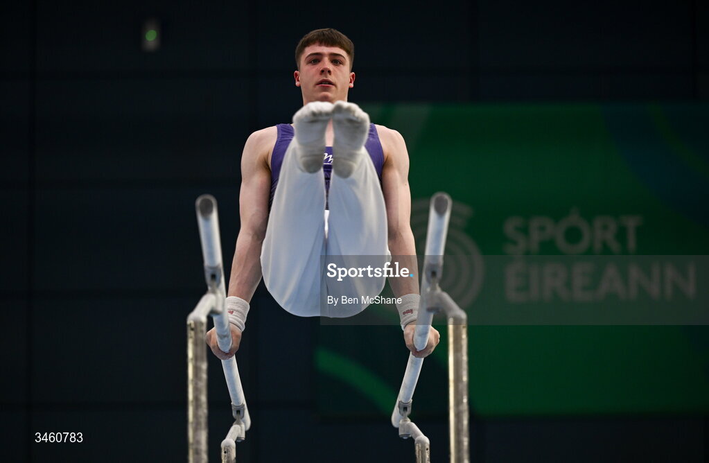 17 May 2026; Jack Sheehan of Excel GC competes in the Parallel Bars during the Gymnastics Ireland National Series Sport Ireland National Indoor Arena on the Sport Ireland Campus in Dublin.   Photo by Ben McShane/Sportsfile