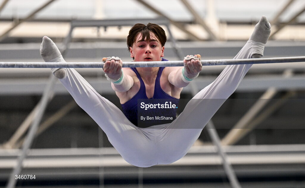 17 May 2026; Evan Kinsella of Excel GC competes in the Horizontal Bar during the Gymnastics Ireland National Series Sport Ireland National Indoor Arena on the Sport Ireland Campus in Dublin. Photo by Ben McShane/Sportsfile