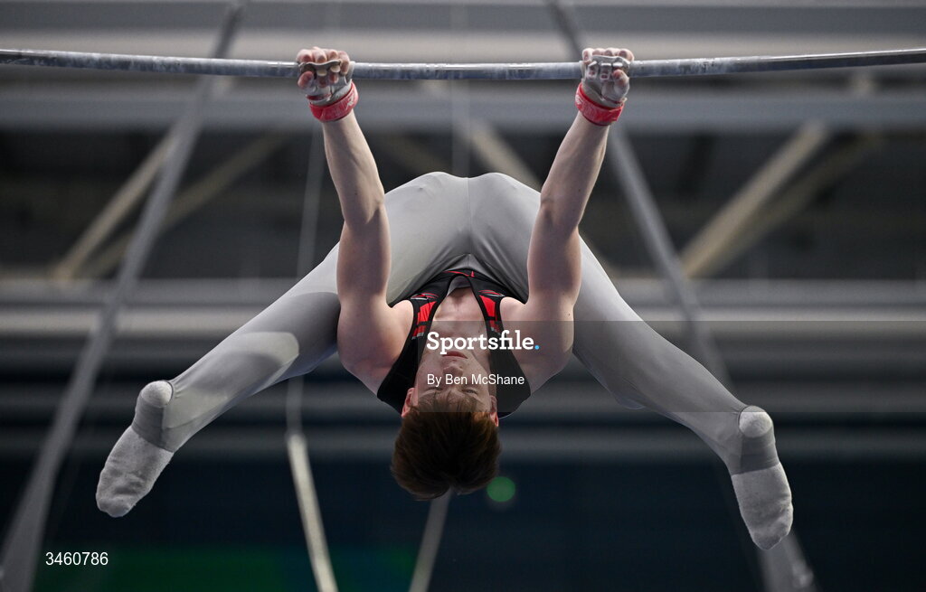 17 May 2026; Milo Wallace-Dunn of Salto GC competes in the Horizontal Bar during the Gymnastics Ireland National Series Sport Ireland National Indoor Arena on the Sport Ireland Campus in Dublin. Photo by Ben McShane/Sportsfile