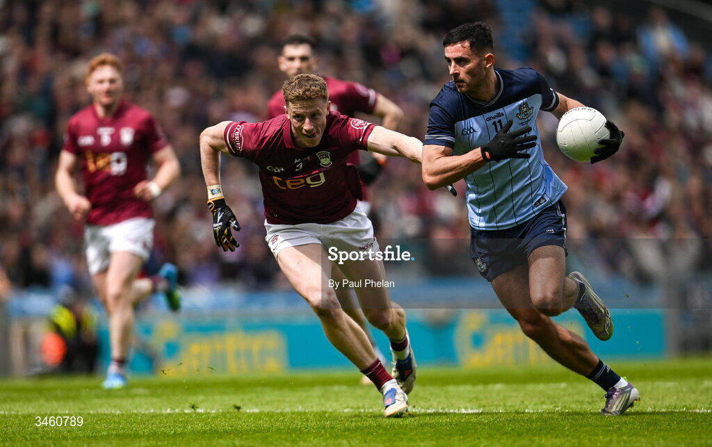 17 May 2026; Niall Scully of Dublin in action against Ray Connellan of Westmeath during the Leinster GAA Football Senior Championship final match between Dublin and Westmeath at Croke Park in Dublin. Photo by Paul Phelan/Sportsfile