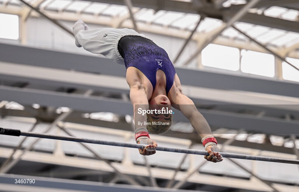17 May 2026; Louis McDonagh of Excel GC competes in the Horizontal Bar during the Gymnastics Ireland National Series Sport Ireland National Indoor Arena on the Sport Ireland Campus in Dublin. Photo by Ben McShane/Sportsfile