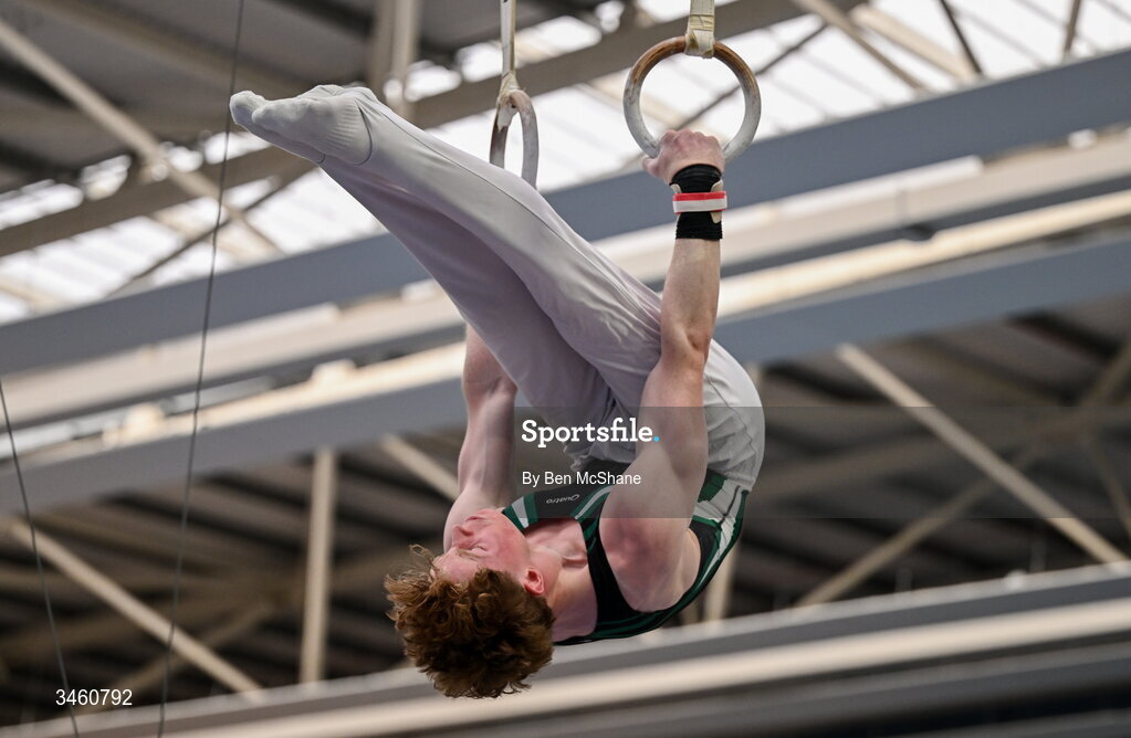 17 May 2026; Fionn McCarthy of Douglas GC competes in the Rings during the Gymnastics Ireland National Series Sport Ireland National Indoor Arena on the Sport Ireland Campus in Dublin. Photo by Ben McShane/Sportsfile