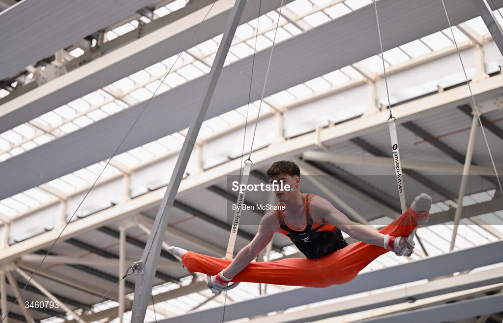 17 May 2026; Cillian Bergin of Phoenix GC competes in the Rings during the Gymnastics Ireland National Series Sport Ireland National Indoor Arena on the Sport Ireland Campus in Dublin. Photo by Ben McShane/Sportsfile