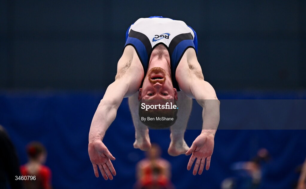 17 May 2026; Cian Hayes of RGC competes in the Tumbling event during the Gymnastics Ireland National Series Sport Ireland National Indoor Arena on the Sport Ireland Campus in Dublin. Photo by Ben McShane/Sportsfile