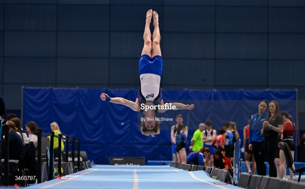 17 May 2026; Hugo Kinahan of RGC competes in the Tumbling event during the Gymnastics Ireland National Series Sport Ireland National Indoor Arena on the Sport Ireland Campus in Dublin. Photo by Ben McShane/Sportsfile