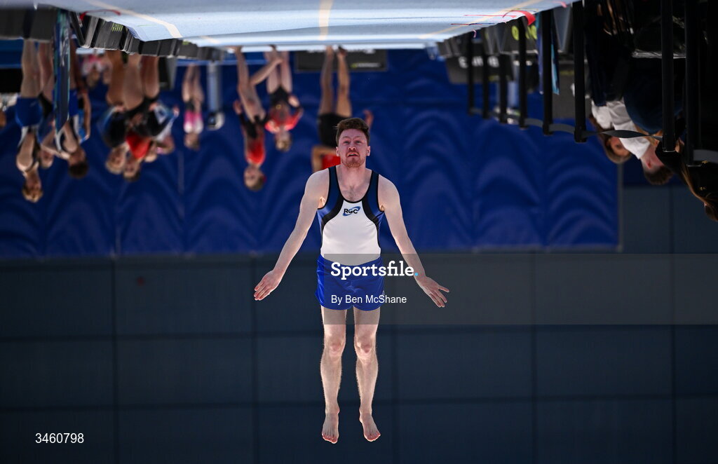 17 May 2026; (EDITOR'S NOTE; image has been inverted from its original perspective) Cian Hayes of RGC competes in the Tumbling event during the Gymnastics Ireland National Series Sport Ireland National Indoor Arena on the Sport Ireland Campus in Dublin. Photo by Ben McShane/Sportsfile