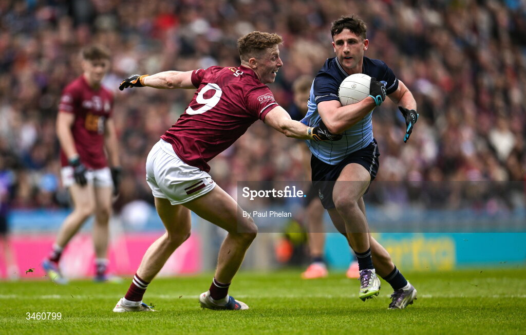 17 May 2026; Luke Breathnach of Dublin in action against Ray Connellan of Westmeath during the Leinster GAA Football Senior Championship final match between Dublin and Westmeath at Croke Park in Dublin. Photo by Paul Phelan/Sportsfile