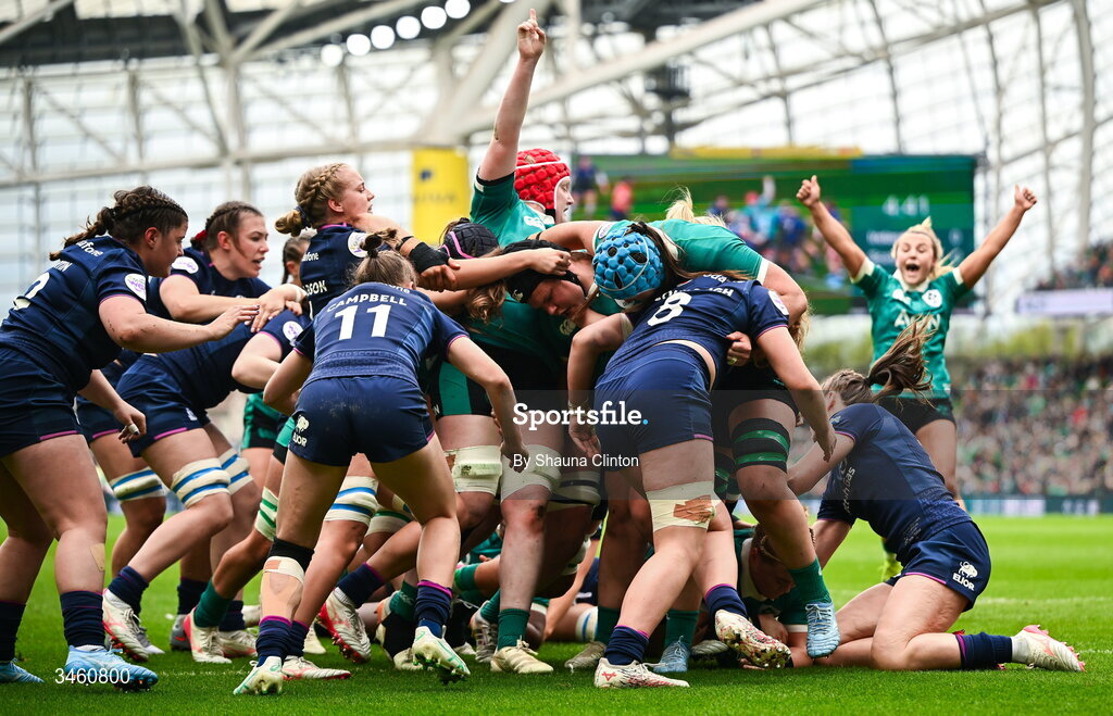 17 May 2026; Cliodhna Moloney MacDonald of Ireland, obscured, scores her side's first try during the Women's 6 Nations Rugby Championship match between Ireland and Scotland at the Aviva Stadium in Dublin. Photo by Shauna Clinton/Sportsfile