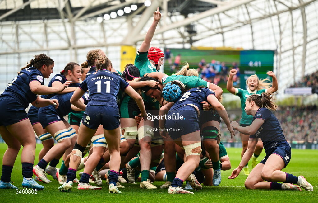 17 May 2026; Cliodhna Moloney MacDonald of Ireland, obscured, scores her side's first try during the Women's 6 Nations Rugby Championship match between Ireland and Scotland at the Aviva Stadium in Dublin. Photo by Shauna Clinton/Sportsfile