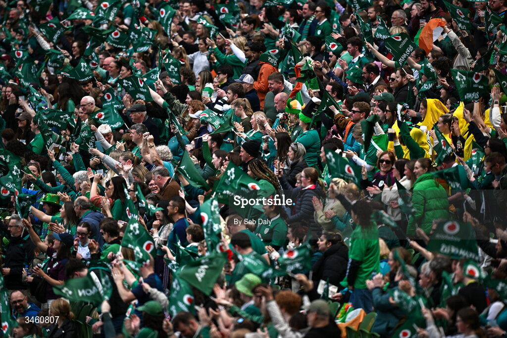 17 May 2026; Ireland supporters during the Women's 6 Nations Rugby Championship match between Ireland and Scotland at the Aviva Stadium in Dublin. Photo by Seb Daly/Sportsfile