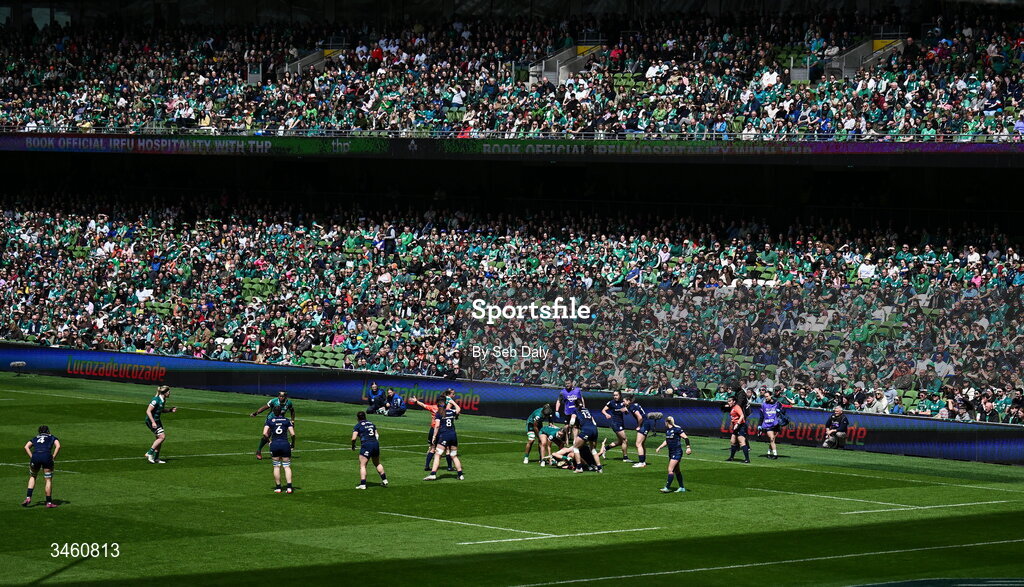 17 May 2026; A general view of the action during the Women's 6 Nations Rugby Championship match between Ireland and Scotland at the Aviva Stadium in Dublin. Photo by Seb Daly/Sportsfile