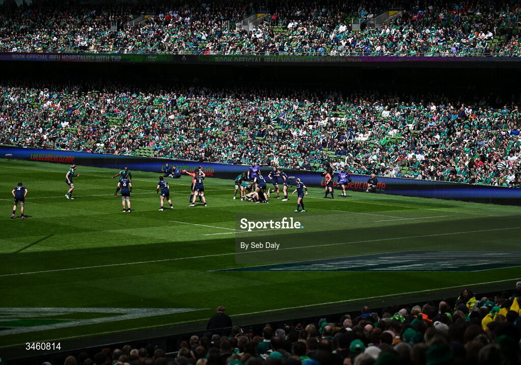17 May 2026; A general view of the action during the Women's 6 Nations Rugby Championship match between Ireland and Scotland at the Aviva Stadium in Dublin. Photo by Seb Daly/Sportsfile