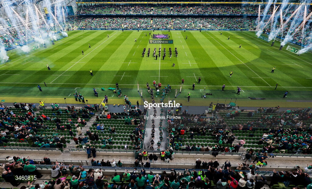 17 May 2026; Both teams run out during the Women's 6 Nations Rugby Championship match between Ireland and Scotland at the Aviva Stadium in Dublin. Photo by Thomas Flinkow/Sportsfile