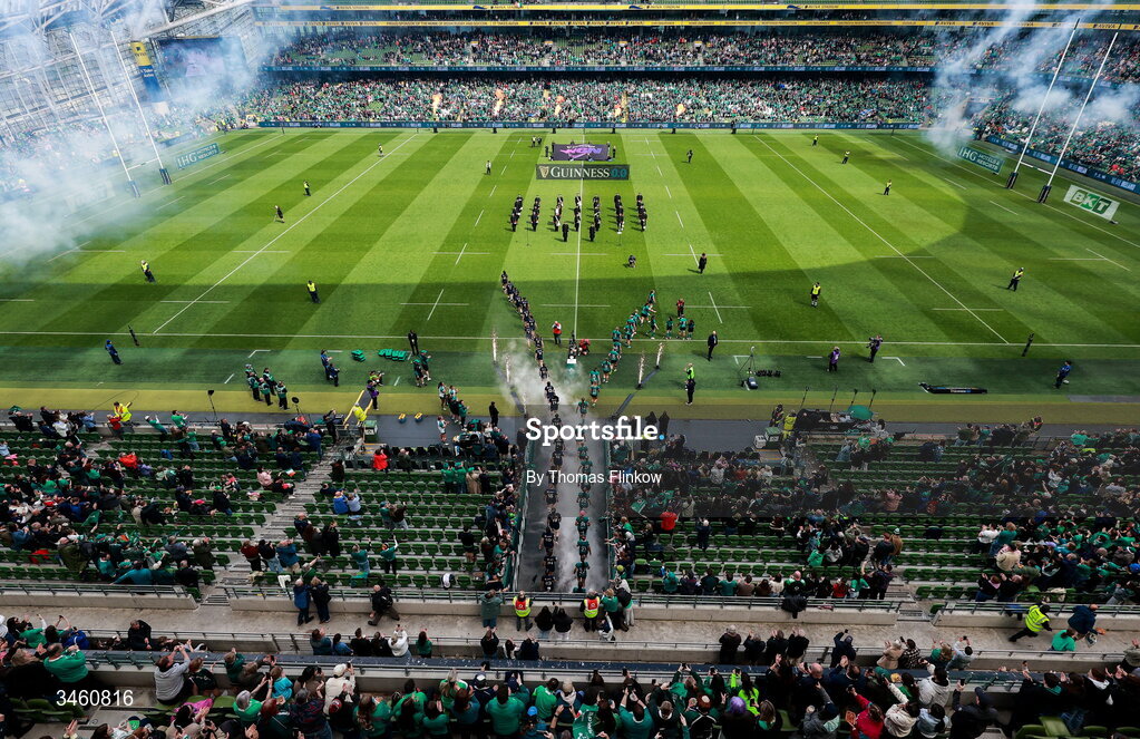 17 May 2026; Both teams run out during the Women's 6 Nations Rugby Championship match between Ireland and Scotland at the Aviva Stadium in Dublin. Photo by Thomas Flinkow/Sportsfile