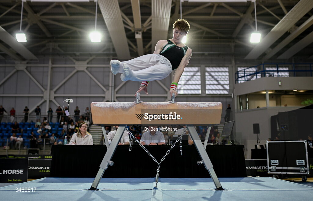 17 May 2026; Fionn McCarthy of Douglas GC competes in the Pommel Horse during the Gymnastics Ireland National Series Sport Ireland National Indoor Arena on the Sport Ireland Campus in Dublin. Photo by Ben McShane/Sportsfile