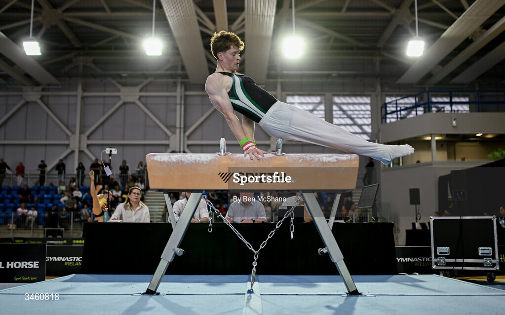 17 May 2026; Fionn McCarthy of Douglas GC competes in the Pommel Horse during the Gymnastics Ireland National Series Sport Ireland National Indoor Arena on the Sport Ireland Campus in Dublin. Photo by Ben McShane/Sportsfile