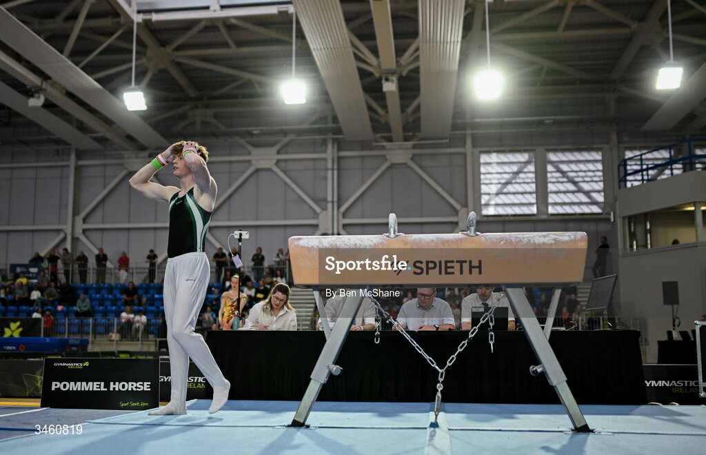 17 May 2026; Fionn McCarthy of Douglas GC reacts after competing in the Pommel Horse during the Gymnastics Ireland National Series Sport Ireland National Indoor Arena on the Sport Ireland Campus in Dublin. Photo by Ben McShane/Sportsfile