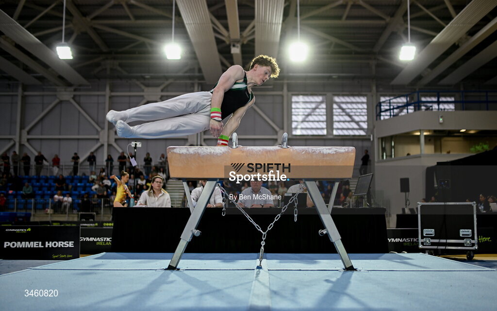 17 May 2026; Fionn McCarthy of Douglas GC competes in the Pommel Horse during the Gymnastics Ireland National Series Sport Ireland National Indoor Arena on the Sport Ireland Campus in Dublin. Photo by Ben McShane/Sportsfile