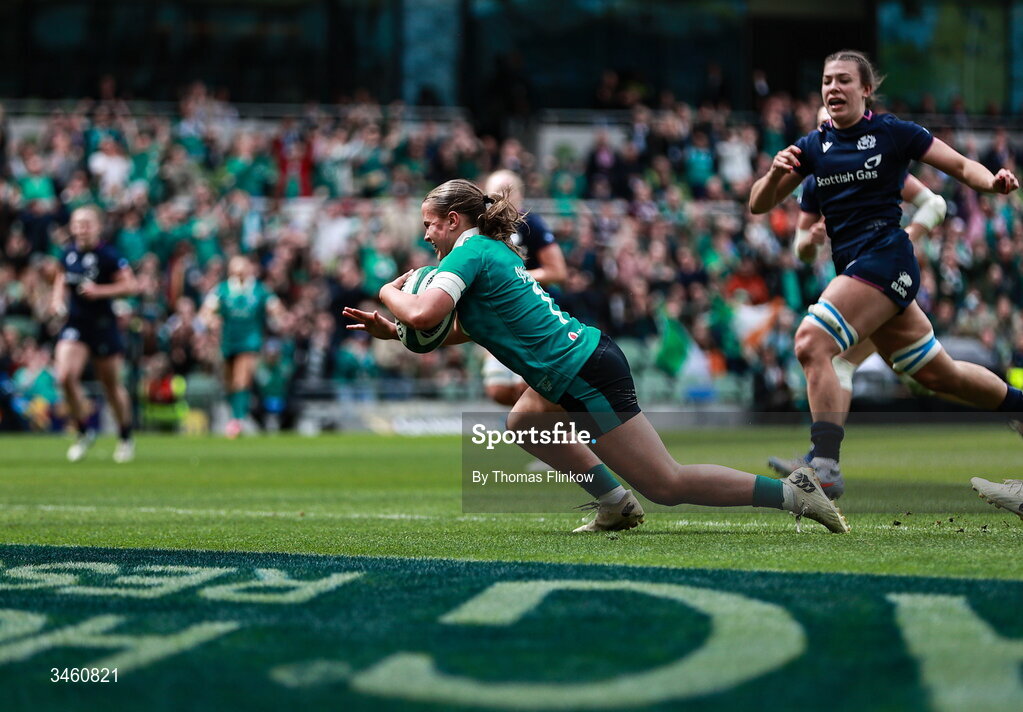 17 May 2026; Robyn O'Connor of Ireland on her way to scoring her side's second try during the Women's 6 Nations Rugby Championship match between Ireland and Scotland at the Aviva Stadium in Dublin. Photo by Thomas Flinkow/Sportsfile