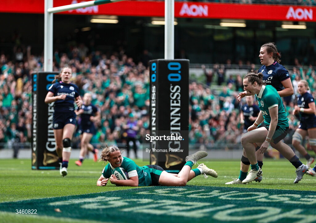 17 May 2026; Robyn O'Connor of Ireland on her way to scoring her side's second try during the Women's 6 Nations Rugby Championship match between Ireland and Scotland at the Aviva Stadium in Dublin. Photo by Thomas Flinkow/Sportsfile