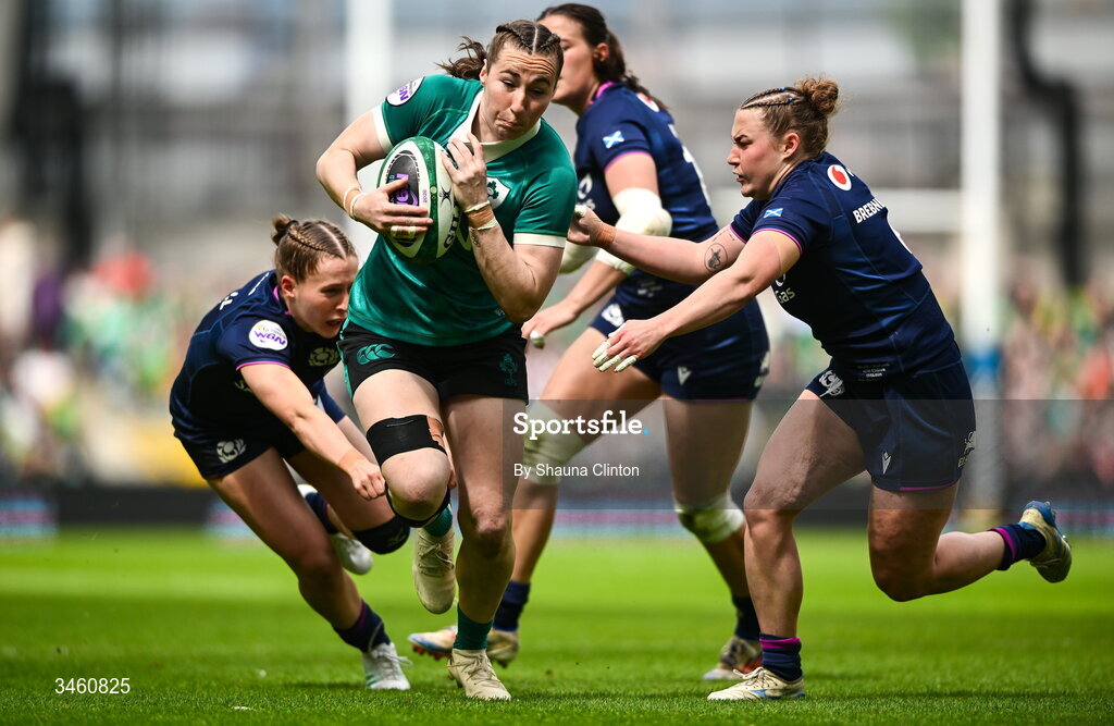 17 May 2026; Eve Higgins of Ireland in action against Shona Campbell of Scotland during the Women's 6 Nations Rugby Championship match between Ireland and Scotland at the Aviva Stadium in Dublin. Photo by Shauna Clinton/Sportsfile