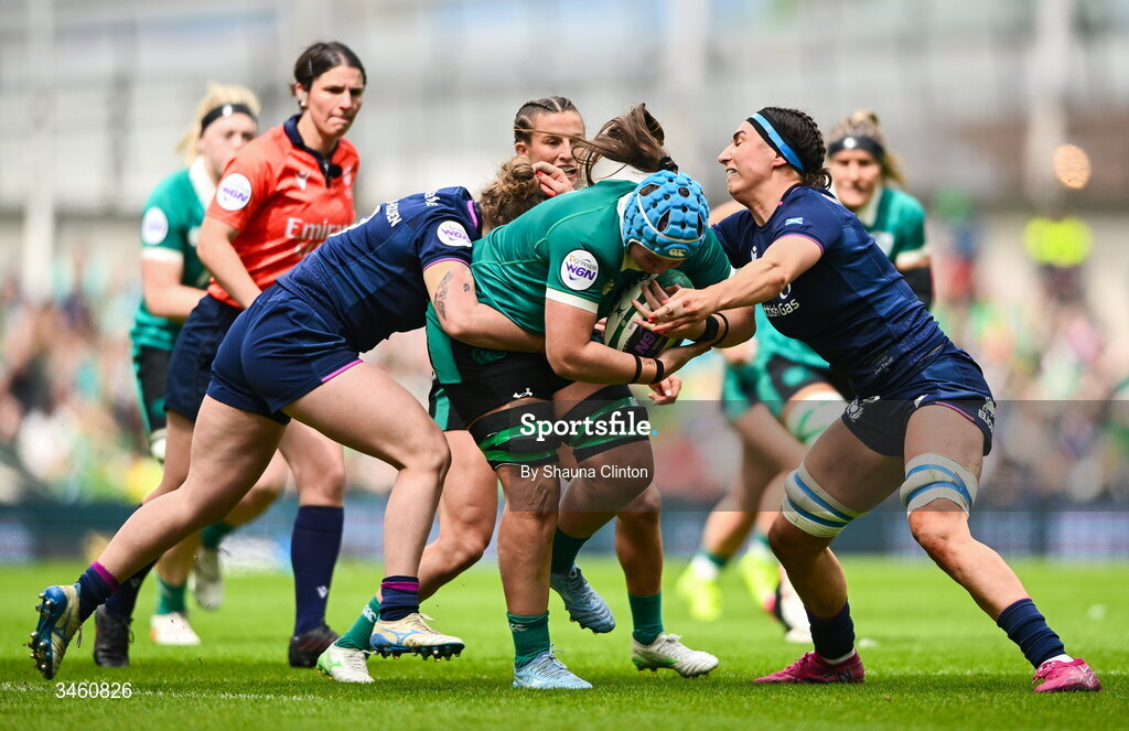 17 May 2026; Brittany Hogan of Ireland is tackled by Leia Brebner-Holden of Scotland during the Women's 6 Nations Rugby Championship match between Ireland and Scotland at the Aviva Stadium in Dublin. Photo by Shauna Clinton/Sportsfile