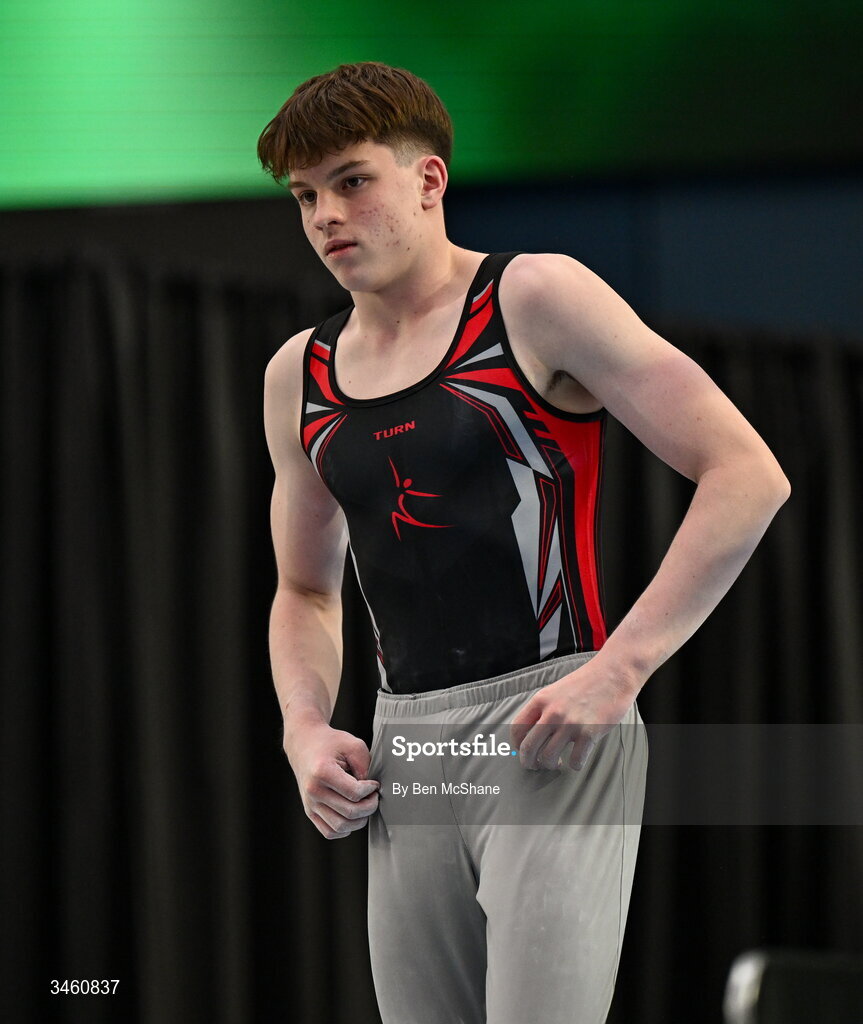 17 May 2026; Milo Wallace-Dunn of Salto GC after competing in the Parallel Bars during the Gymnastics Ireland National Series Sport Ireland National Indoor Arena on the Sport Ireland Campus in Dublin. Photo by Ben McShane/Sportsfile