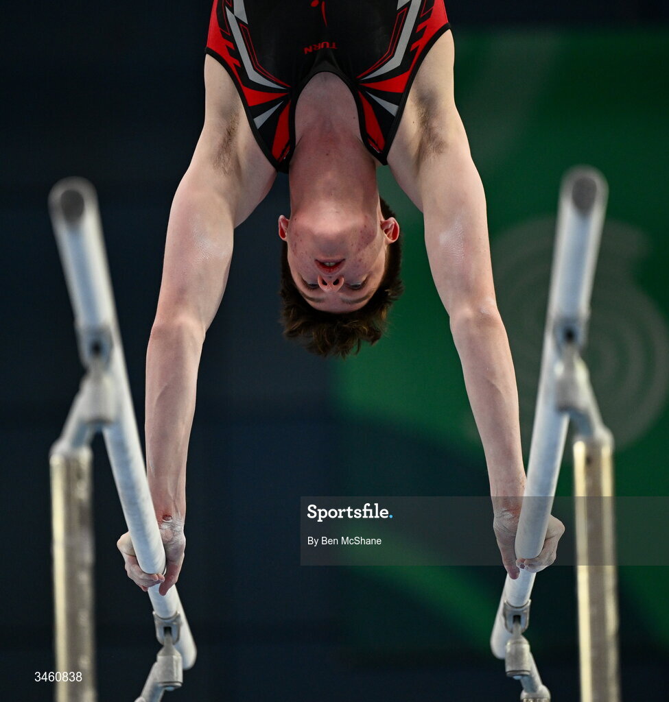 17 May 2026; Milo Wallace-Dunn of Salto GC competes in the Parallel Bars during the Gymnastics Ireland National Series Sport Ireland National Indoor Arena on the Sport Ireland Campus in Dublin. Photo by Ben McShane/Sportsfile