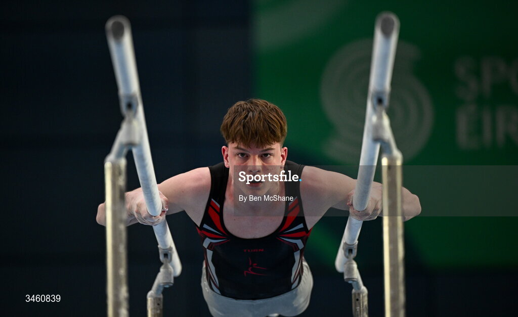 17 May 2026; Milo Wallace-Dunn of Salto GC competes in the Parallel Bars during the Gymnastics Ireland National Series Sport Ireland National Indoor Arena on the Sport Ireland Campus in Dublin. Photo by Ben McShane/Sportsfile