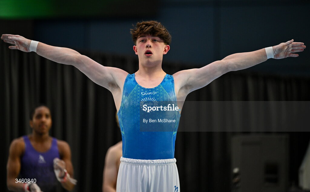17 May 2026; Finlay Hazleton of Origin Gymnastics competes in the Parallel Bars during the Gymnastics Ireland National Series Sport Ireland National Indoor Arena on the Sport Ireland Campus in Dublin. Photo by Ben McShane/Sportsfile