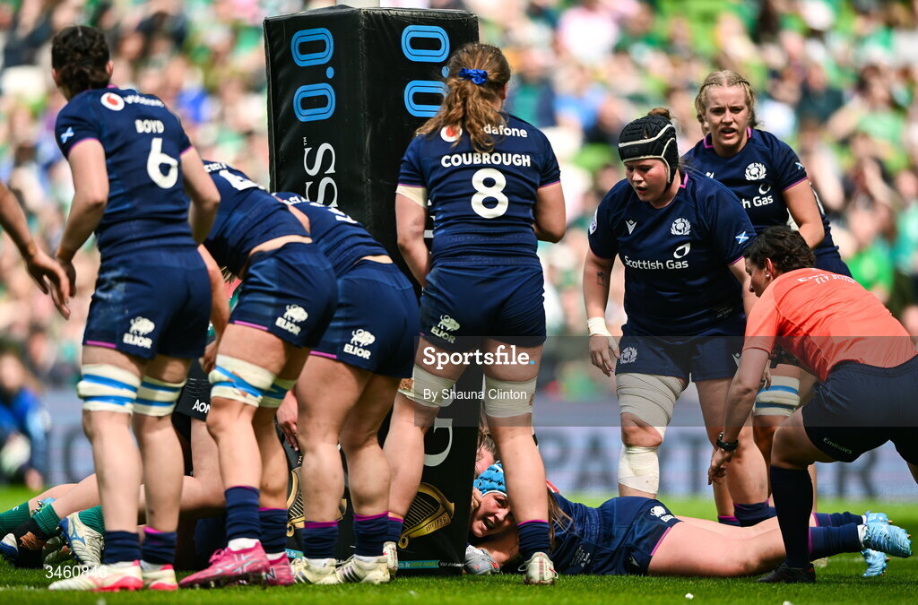 17 May 2026; Brittany Hogan of Ireland scores her side's third try during the Women's 6 Nations Rugby Championship match between Ireland and Scotland at the Aviva Stadium in Dublin. Photo by Shauna Clinton/Sportsfile
