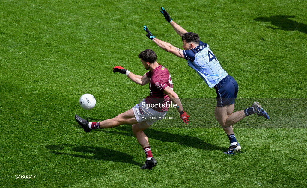 17 May 2026; Brian Cooney of Westmeath in action against David Byrne of Dublin during the Leinster GAA Football Senior Championship final match between Dublin and Westmeath at Croke Park in Dublin. Photo by Daire Brennan/Sportsfile