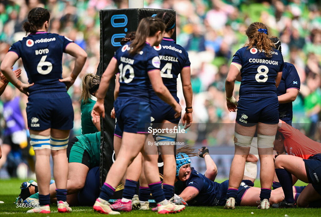 17 May 2026; Brittany Hogan of Ireland scores her side's third try during the Women's 6 Nations Rugby Championship match between Ireland and Scotland at the Aviva Stadium in Dublin. Photo by Shauna Clinton/Sportsfile