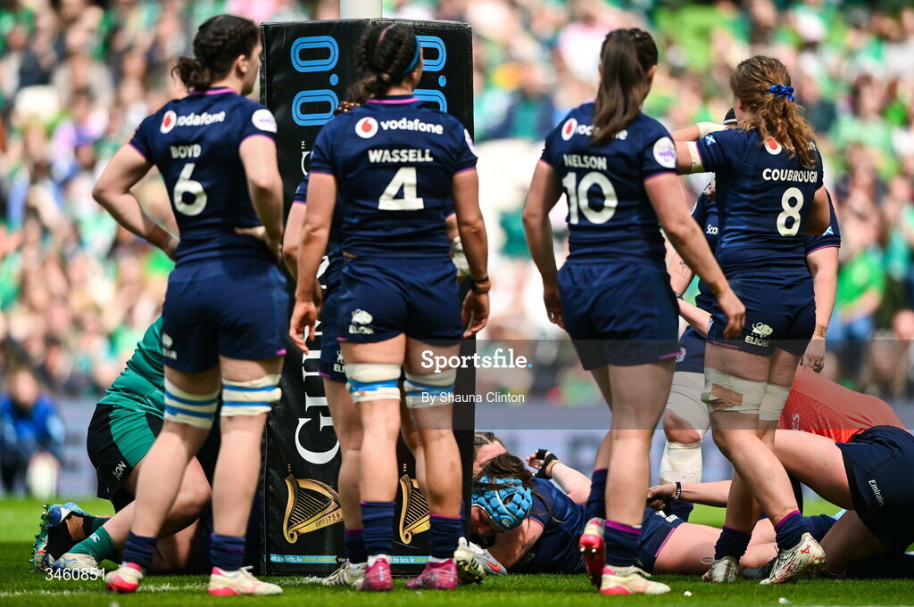 17 May 2026; Brittany Hogan of Ireland scores her side's third try during the Women's 6 Nations Rugby Championship match between Ireland and Scotland at the Aviva Stadium in Dublin. Photo by Shauna Clinton/Sportsfile