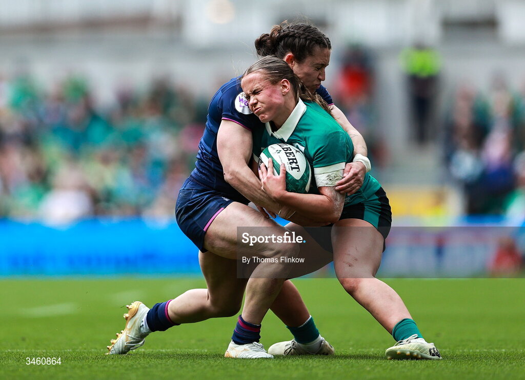 17 May 2026; Robyn O'Connor of Ireland in action against Rhona Lloyd of Scotland during the Women's 6 Nations Rugby Championship match between Ireland and Scotland at the Aviva Stadium in Dublin. Photo by Thomas Flinkow/Sportsfile