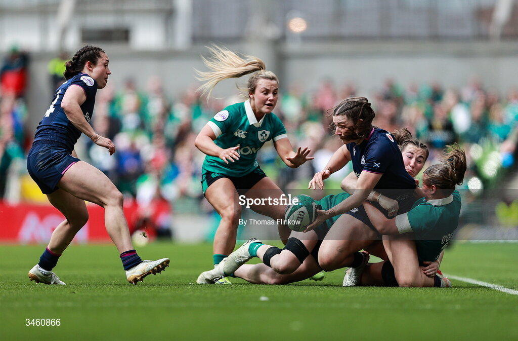 17 May 2026; Helen Nelson of Scotland is tackled by Robyn O'Connor of Ireland during the Women's 6 Nations Rugby Championship match between Ireland and Scotland at the Aviva Stadium in Dublin. Photo by Thomas Flinkow/Sportsfile