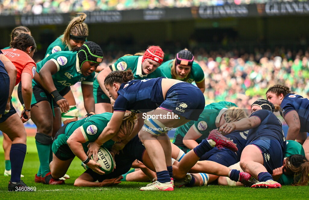 17 May 2026; Cliodhna Moloney MacDonald of Ireland scores her side's fifth try, which is subsequently disallowed, during the Women's 6 Nations Rugby Championship match between Ireland and Scotland at the Aviva Stadium in Dublin. Photo by Shauna Clinton/Sportsfile
