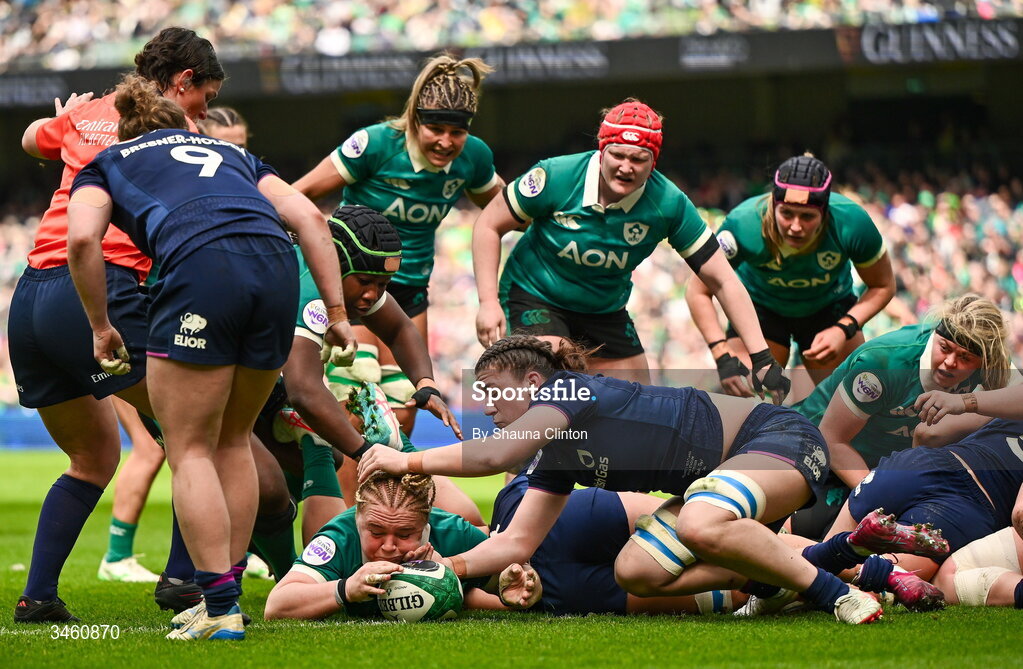 17 May 2026; Cliodhna Moloney MacDonald of Ireland scores her side's fifth try, which is subsequently disallowed, during the Women's 6 Nations Rugby Championship match between Ireland and Scotland at the Aviva Stadium in Dublin. Photo by Shauna Clinton/Sportsfile