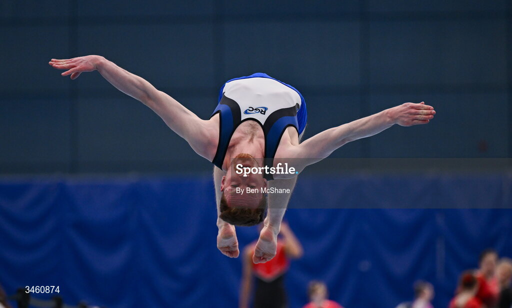 17 May 2026; Cian Hayes of RGC competes in the Tumbling event during the Gymnastics Ireland National Series Sport Ireland National Indoor Arena on the Sport Ireland Campus in Dublin. Photo by Ben McShane/Sportsfile