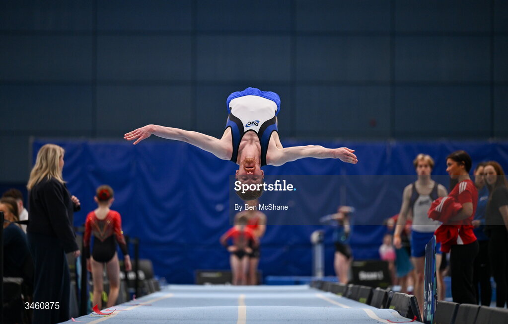 17 May 2026; Cian Hayes of RGC competes in the Tumbling event during the Gymnastics Ireland National Series Sport Ireland National Indoor Arena on the Sport Ireland Campus in Dublin. Photo by Ben McShane/Sportsfile