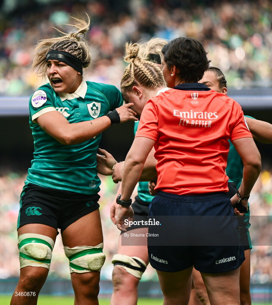 17 May 2026; Cliodhna Moloney MacDonald of Ireland scores her side's fifth try, which is subsequently disallowed, during the Women's 6 Nations Rugby Championship match between Ireland and Scotland at the Aviva Stadium in Dublin. Photo by Shauna Clinton/Sportsfile
