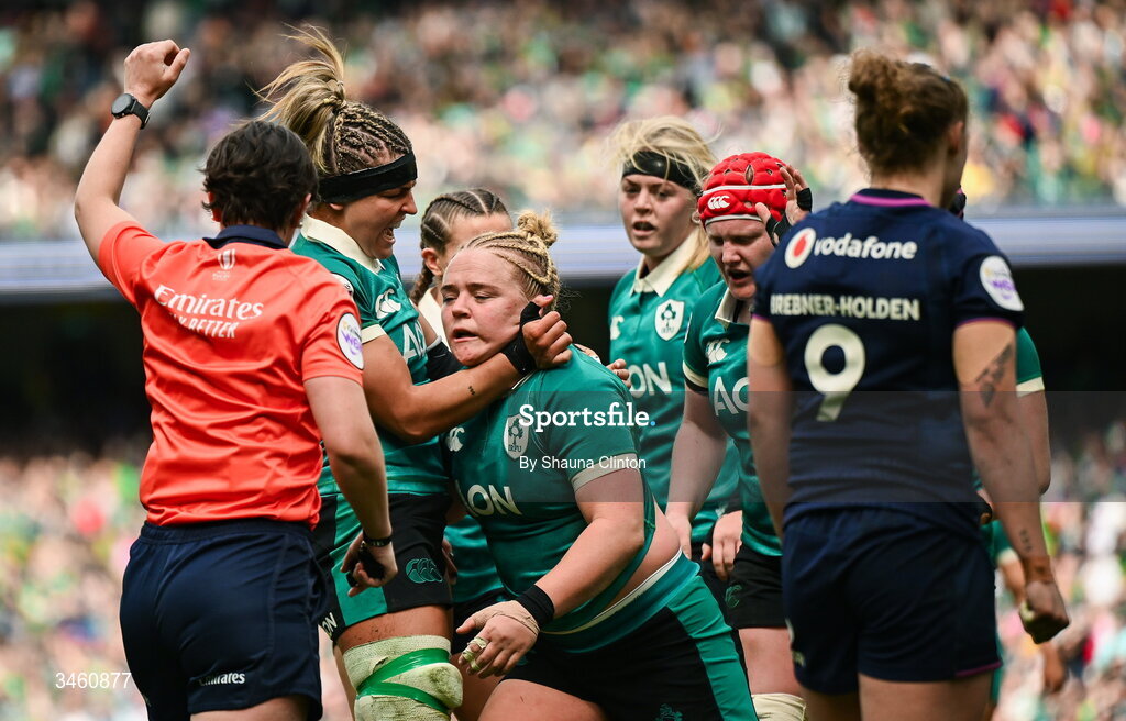 17 May 2026; Cliodhna Moloney MacDonald of Ireland scores her side's fifth try, which is subsequently disallowed, during the Women's 6 Nations Rugby Championship match between Ireland and Scotland at the Aviva Stadium in Dublin. Photo by Shauna Clinton/Sportsfile