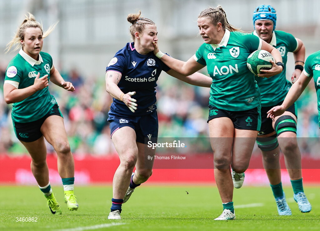 17 May 2026; Stacey Flood of Ireland in action against Leia Brebner-Holden of Scotland during the Women's 6 Nations Rugby Championship match between Ireland and Scotland at the Aviva Stadium in Dublin. Photo by Thomas Flinkow/Sportsfile