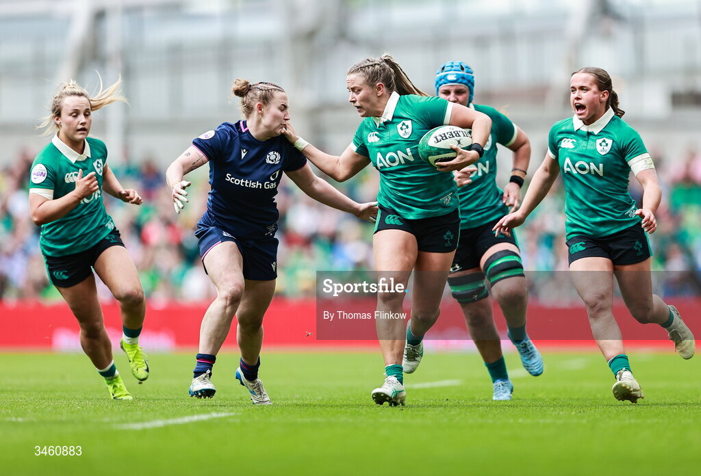 17 May 2026; Stacey Flood of Ireland in action against Leia Brebner-Holden of Scotland during the Women's 6 Nations Rugby Championship match between Ireland and Scotland at the Aviva Stadium in Dublin. Photo by Thomas Flinkow/Sportsfile