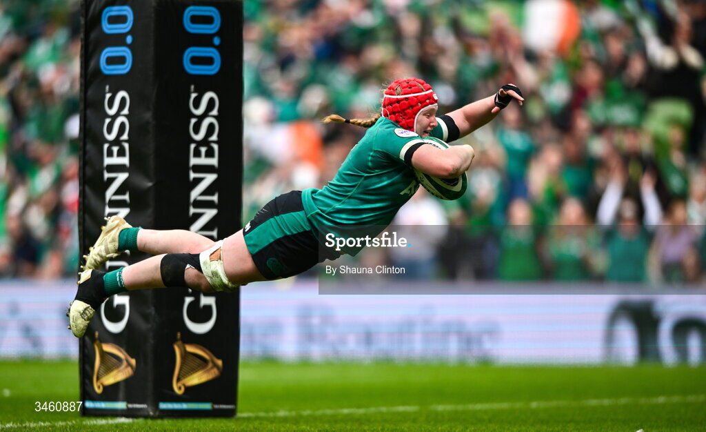 17 May 2026; Aoife Wafer of Ireland scores her side's sixth try during the Women's 6 Nations Rugby Championship match between Ireland and Scotland at the Aviva Stadium in Dublin. Photo by Shauna Clinton/Sportsfile