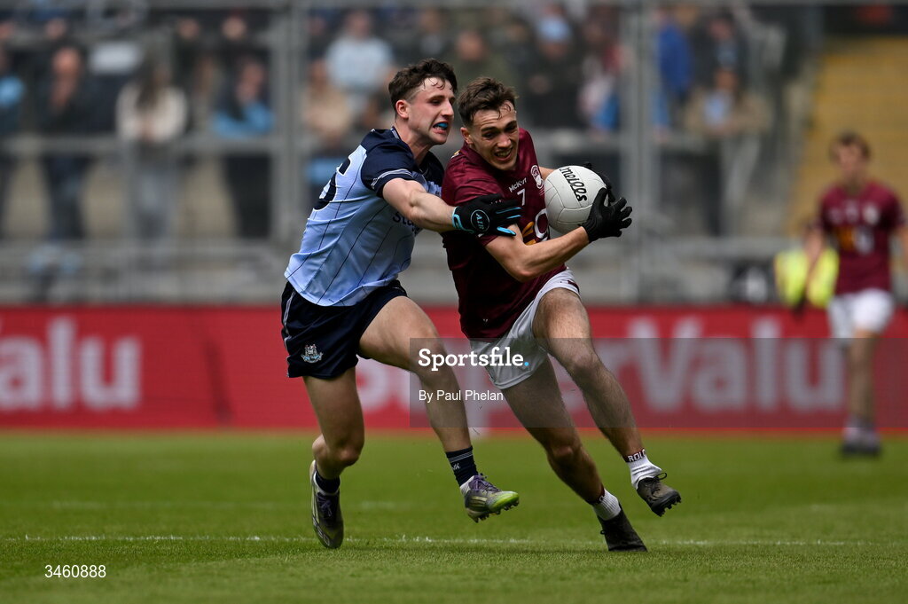 17 May 2026; Matthew Whittaker of Westmeath in action against Luke Breathnach of Dublin during the Leinster GAA Football Senior Championship final match between Dublin and Westmeath at Croke Park in Dublin. Photo by Paul Phelan/Sportsfile