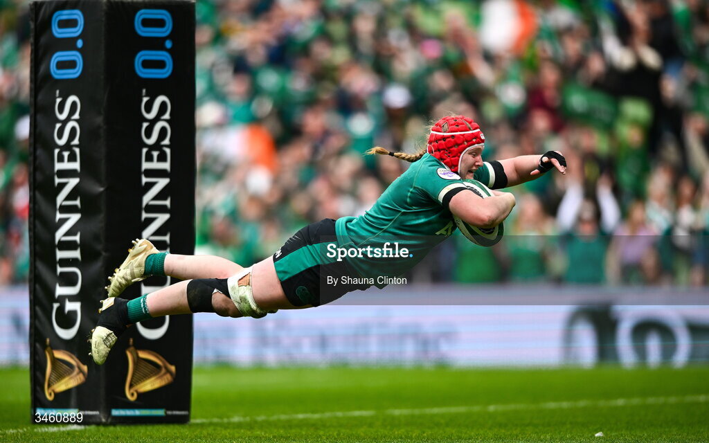 17 May 2026; Aoife Wafer of Ireland scores her side's sixth try during the Women's 6 Nations Rugby Championship match between Ireland and Scotland at the Aviva Stadium in Dublin. Photo by Shauna Clinton/Sportsfile