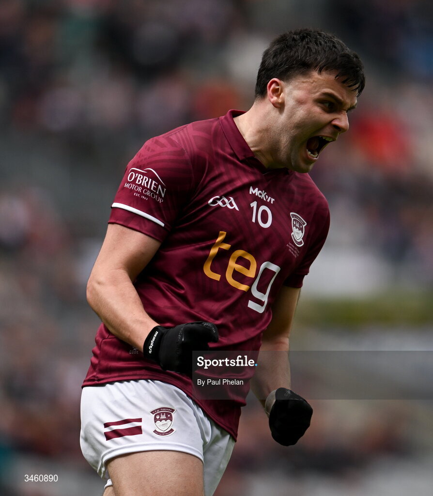 17 May 2026; Kevin O'Sullivan of Westmeath celebrates a score during the Leinster GAA Football Senior Championship final match between Dublin and Westmeath at Croke Park in Dublin. Photo by Paul Phelan/Sportsfile